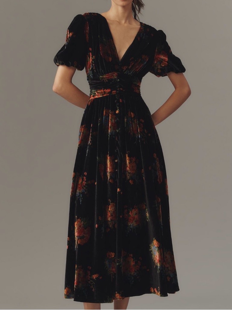 Anthro Katerina Button Front Floral Black Velvet Smock Long Maxi Puff Dress Xxs